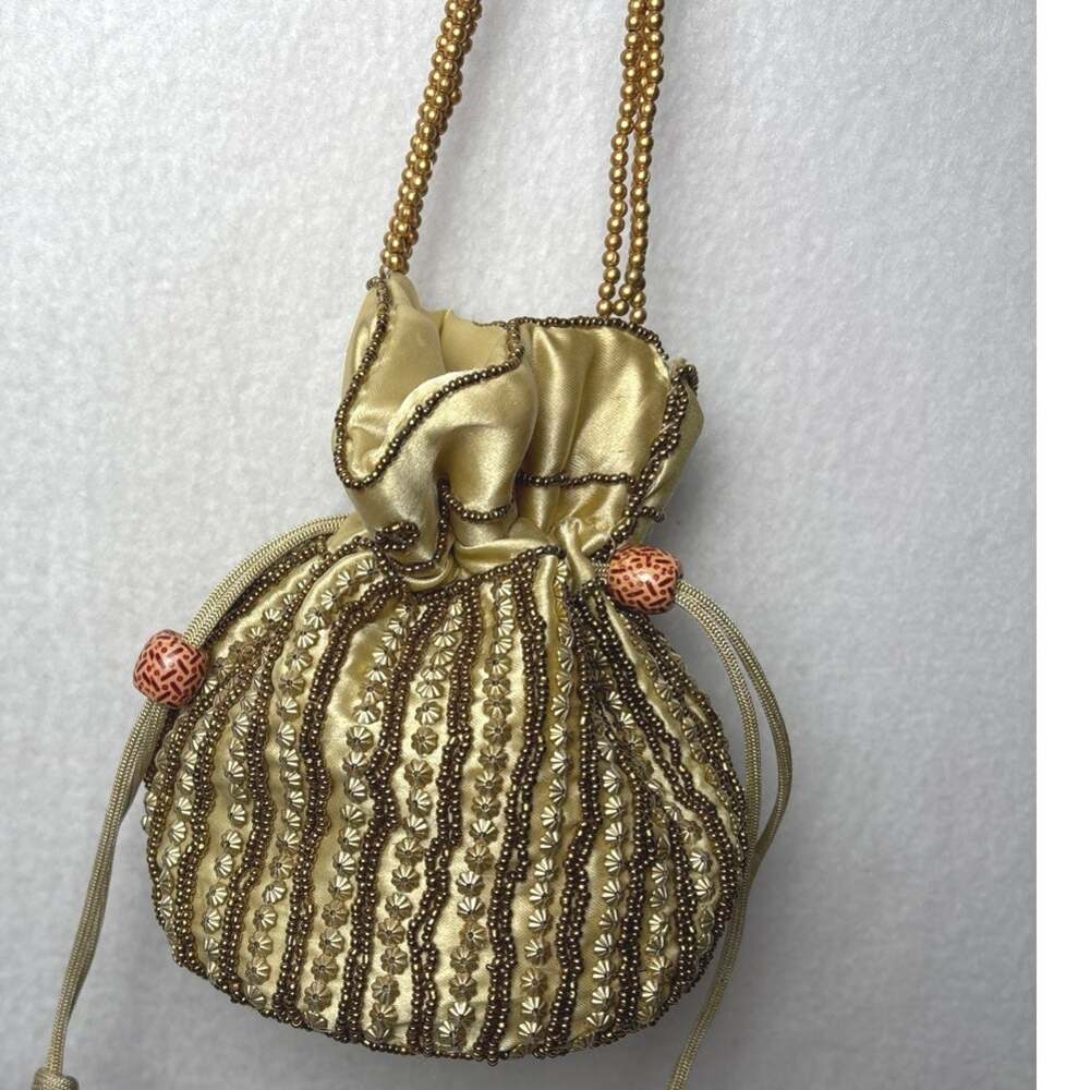 HANDMADE INDIAN ETNIC GOLD CLUTCH SILK POTLI BATWA POUCH BAG WOMEN GIRLS LADIES